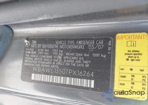 2007 BMW 328I from USA, damaged, VIN WBAWL13507PX16264